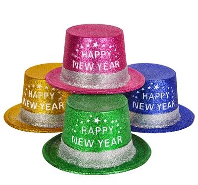 11" Happy New Year Glitter Top Hats (case of 144)